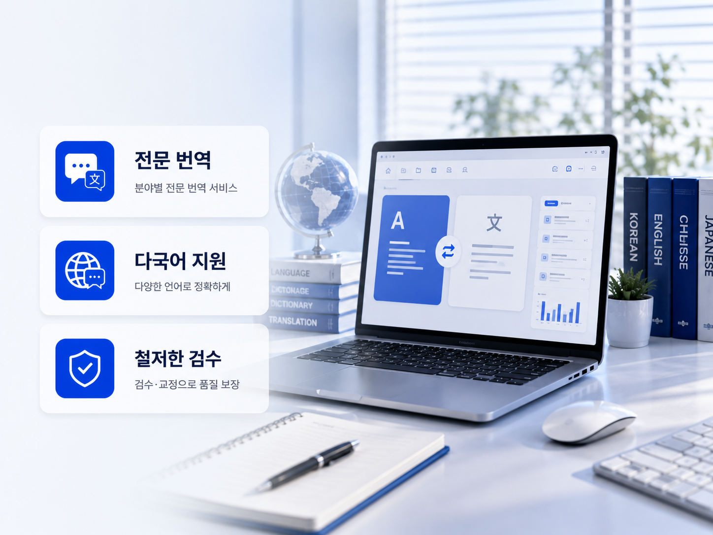 영어 중국어 일본어 다국어 문서와 전문 번역 서비스를 표현한 모넷 번역 히어로 이미지