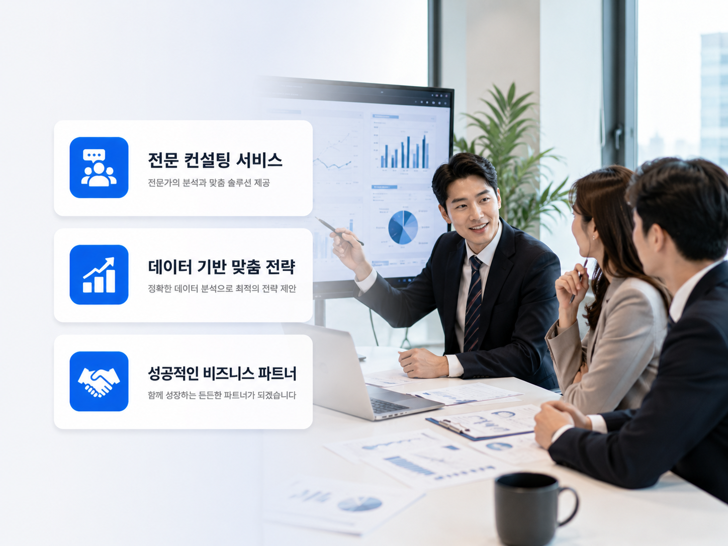 경영 사업 창업 마케팅 운영개선 전문 컨설팅 서비스를 표현한 모넷 컨설팅 히어로 이미지