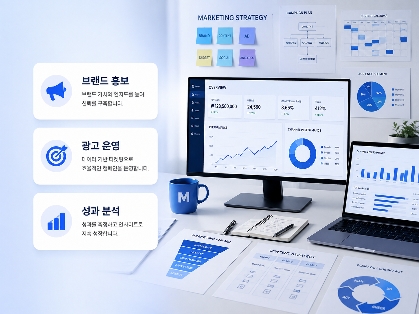 검색광고 SEO 콘텐츠 SNS 퍼포먼스 광고와 데이터 분석을 표현한 모넷 마케팅 히어로 이미지