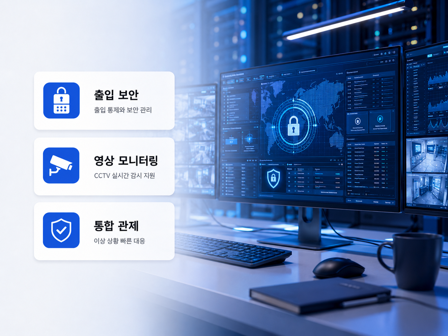 정보보안 네트워크 서버 CCTV 출입통제와 보안점검 서비스를 표현한 모넷 보안 히어로 이미지