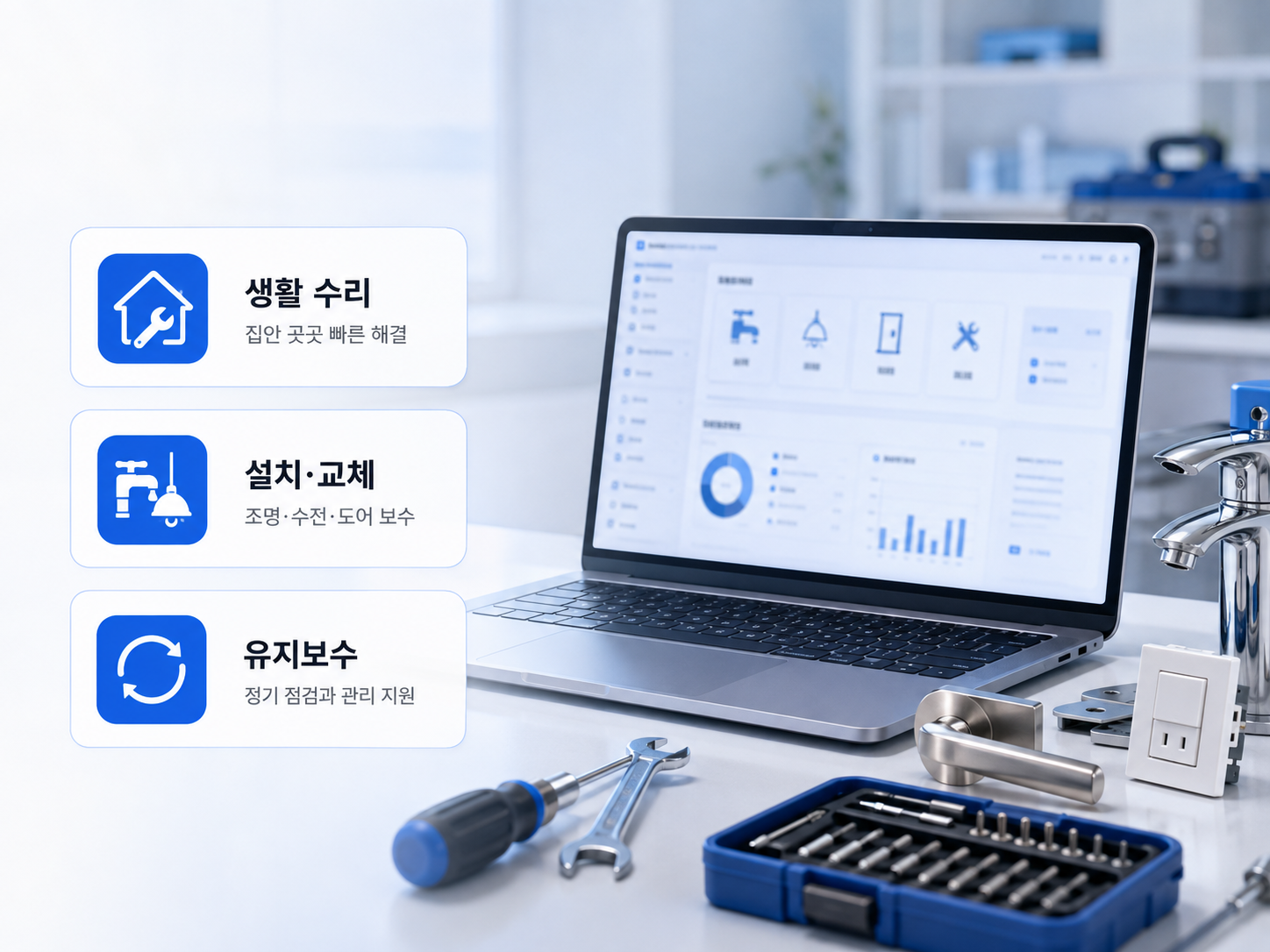 가전 전기 배관 설비 생활수리와 전문 수리 서비스를 표현한 모넷 수리 히어로 이미지