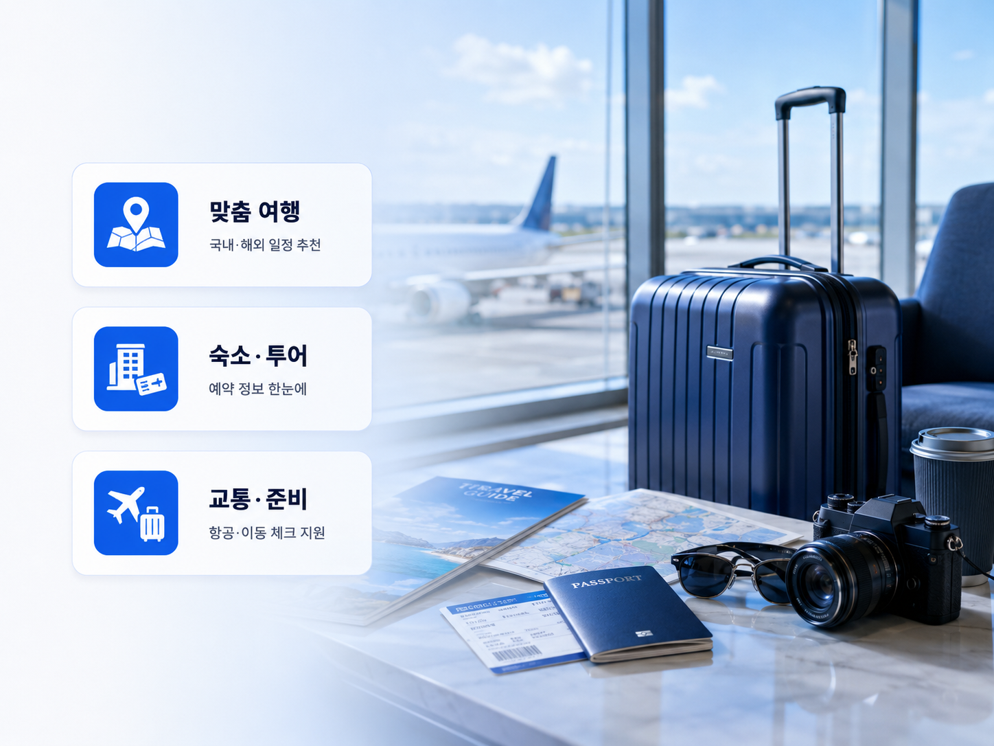 국내여행 해외여행 자유여행 패키지 가족여행과 맞춤여행 서비스를 표현한 모넷 여행 히어로 이미지