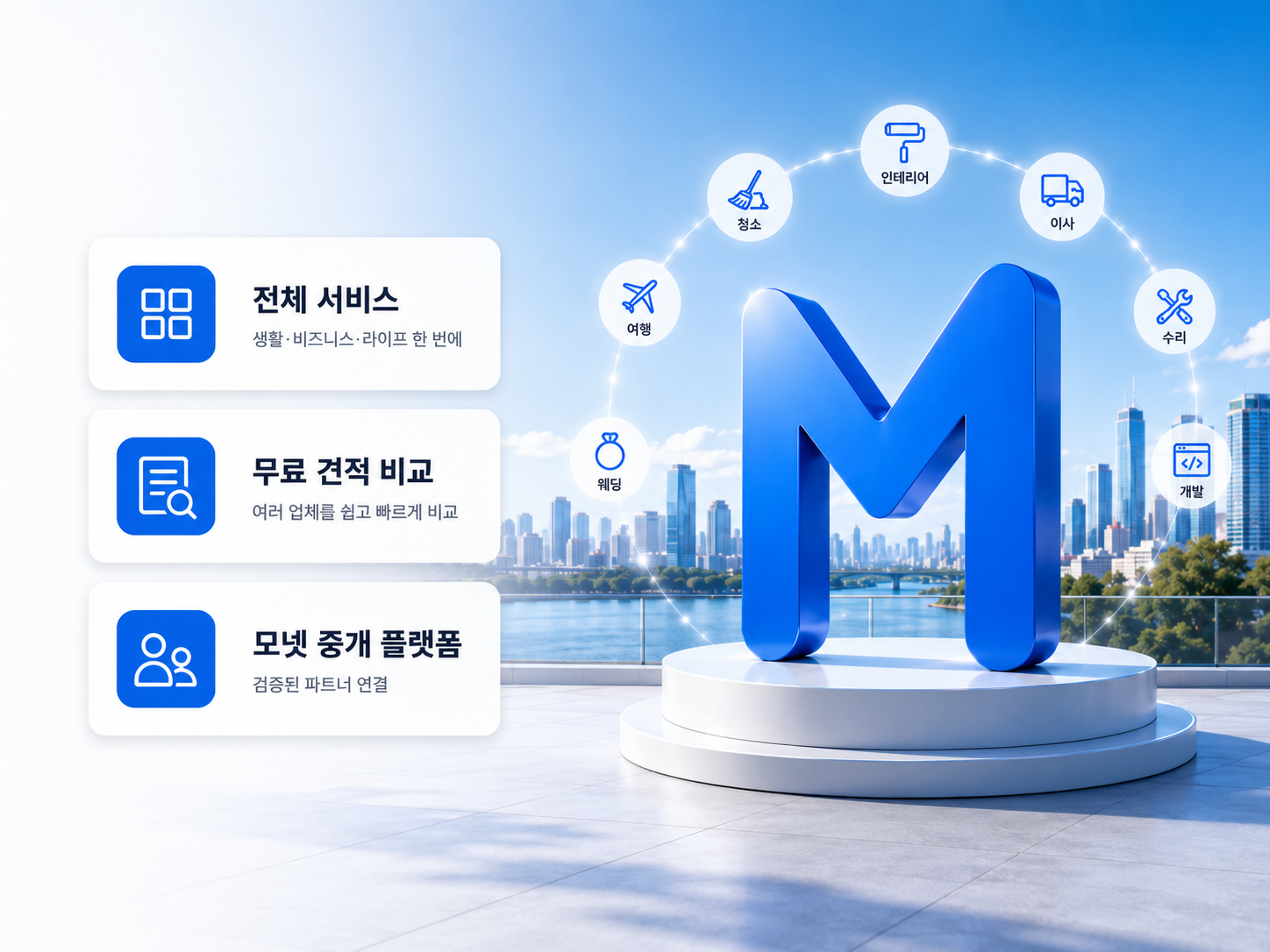 개발 디자인 청소 이사 여행 웨딩 등 다양한 전문 서비스를 연결하는 모넷 전체서비스 히어로 이미지